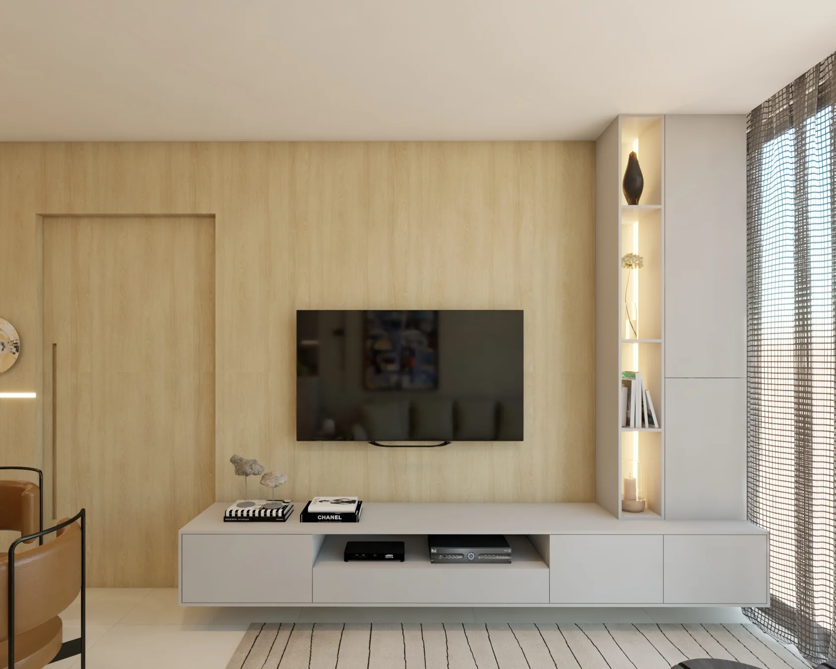 Painel claro de estar com televisão e linhas horizontais