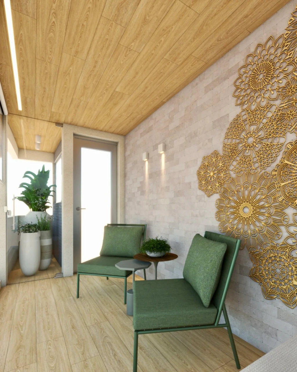 Varanda com poltronas verdes, parede artística e luz natural